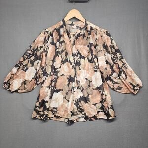 Vintage Sybil Blouse Womens 11/12 Brown Black Floral Button Up Flowy